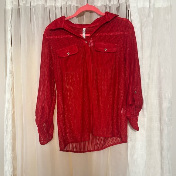 NY Collection Red 3/4 Sleeve Button Down Shirt - Picture 4 of 7